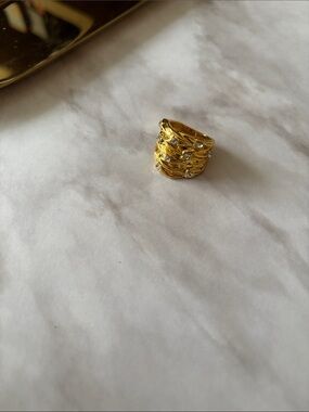 Gold Tone Textured CZ Statement Ring | Wide Band | Alloy